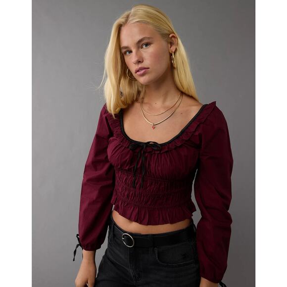 American Eagle Long-Sleeve Ruched Poplin Blouse Red Sz L Prarie Vamp Milkmaid - Picture 1 of 12